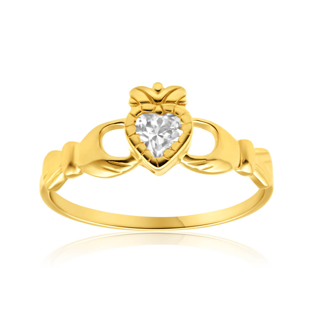 9ct Yellow Gold Heart Claddagh Ring with Cubic Zirconia