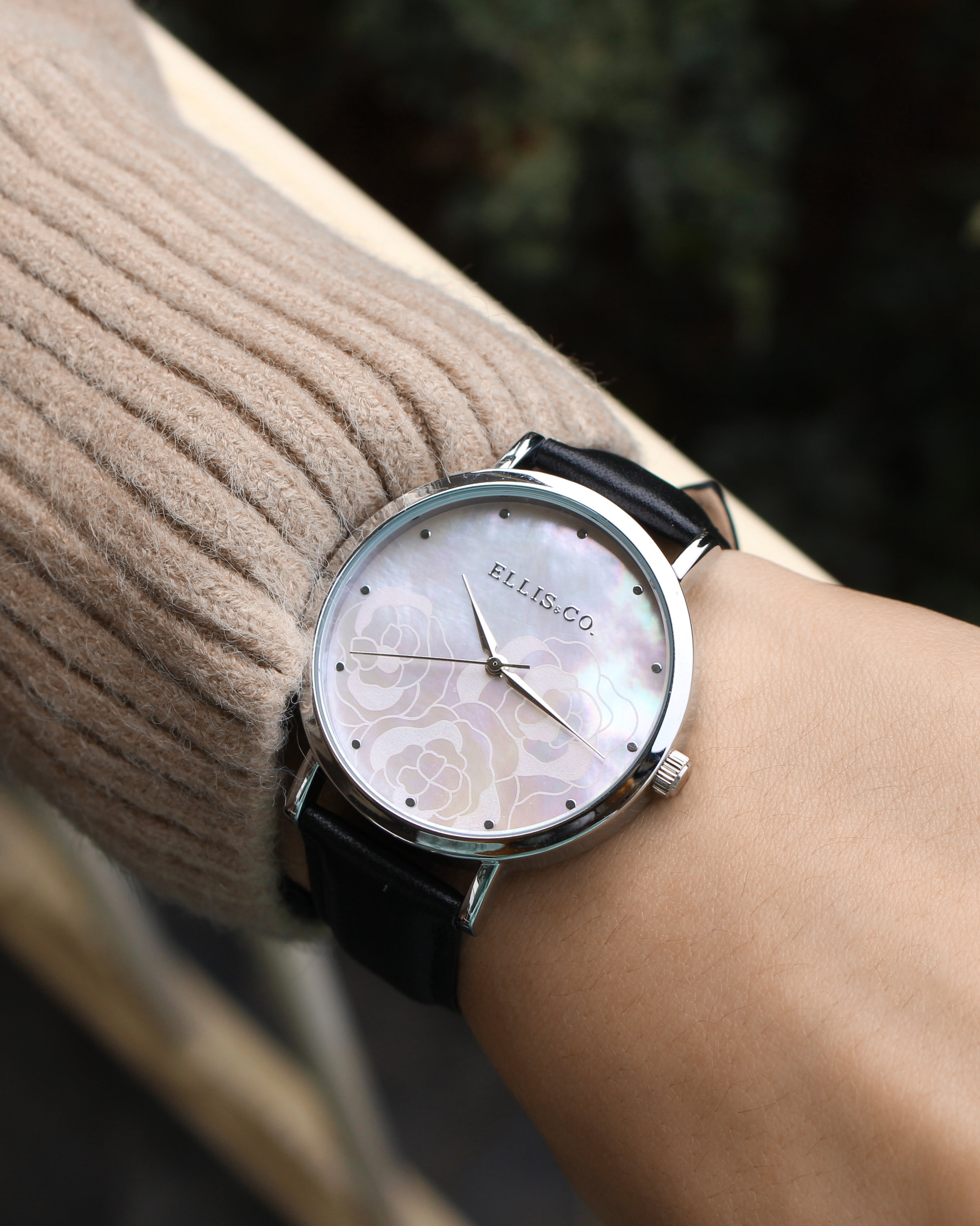 Stylish Ellis & Co Holly Watch with Soft Black Band and Floral Dial