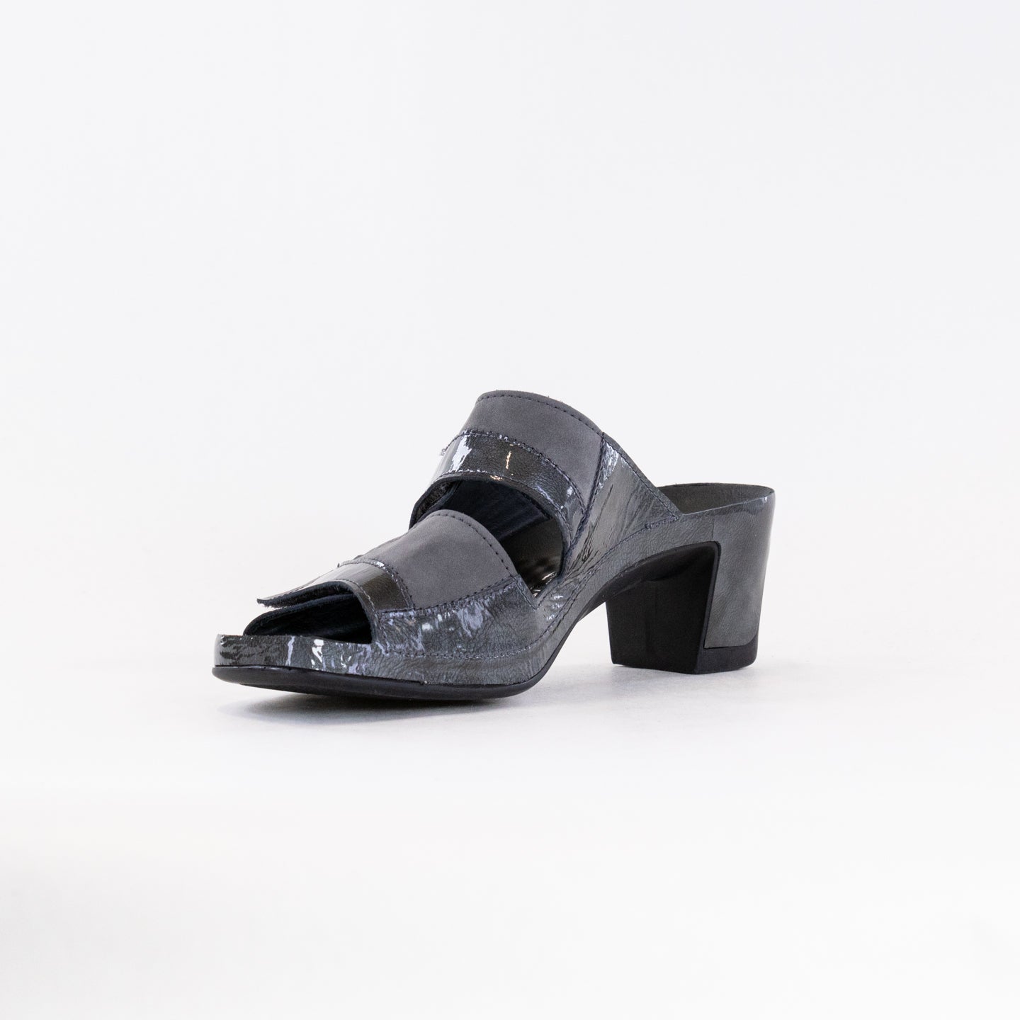 Vital Joy Women's Mule Sandals in Apache Grey Nubuck and Patent Leather Style