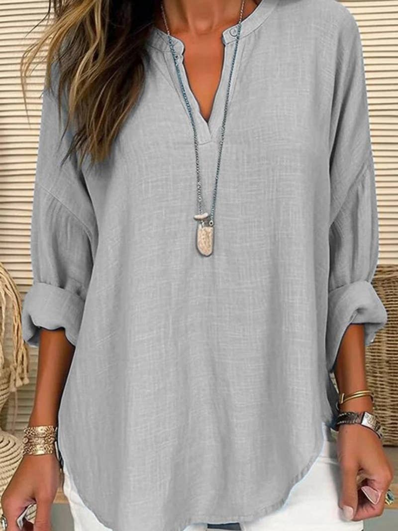 Casual Long Sleeve V Neck Top Crafted from Premium Linen