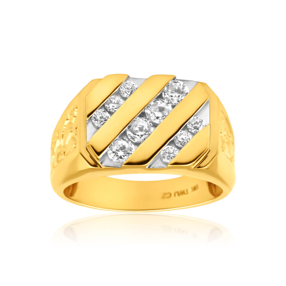 Gents' 9-Carat Yellow Gold Ring with Diagonal Row Channel-Set Cubic Zirconias for a Stunning Look