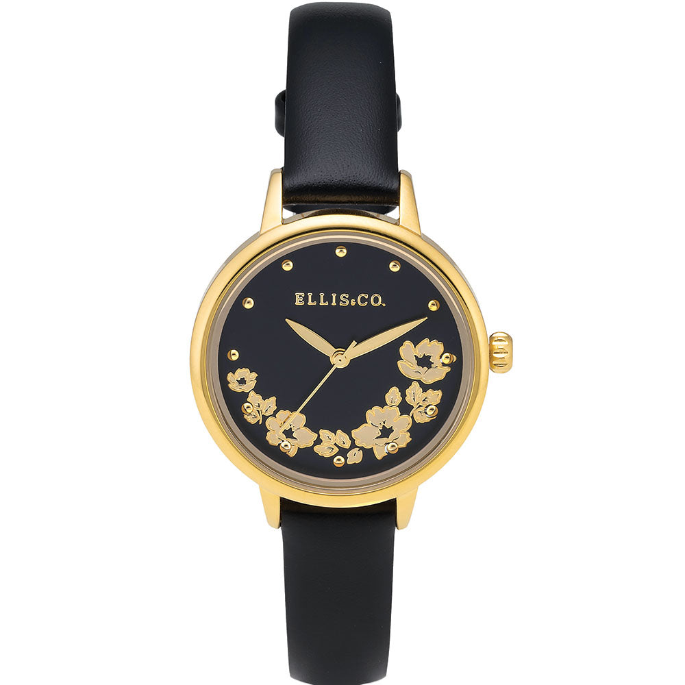 Ellis & Co Women's Rosy Floral Design Black Leather Watch
