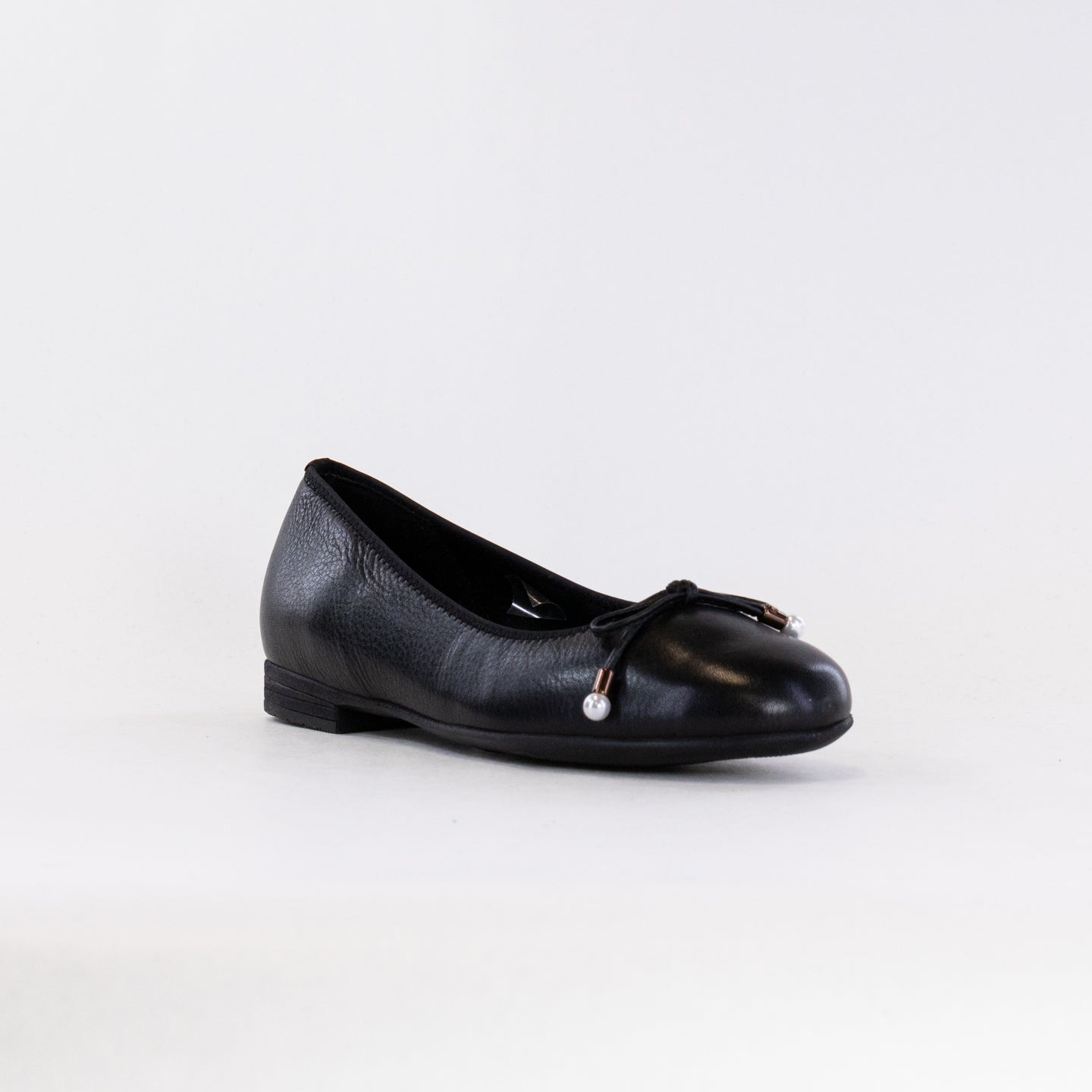 Women's Black Leather Ara Scout Ballet Flats with Bow Accent