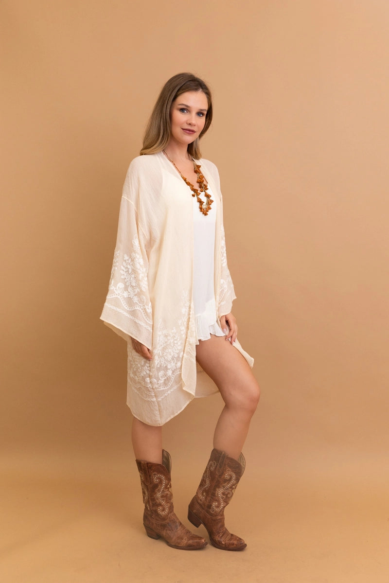 Leto Lightweight Embroidered Floral Vine Kimono with Bell Sleeves