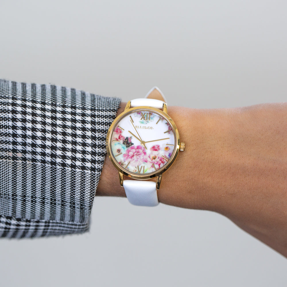 Ellis & Co Floral 'Bloom' Watch with Soft White Band