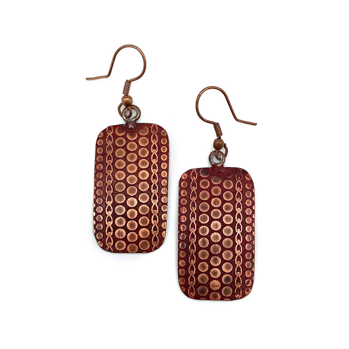 Handmade Copper Patina Earrings Featuring Quirky Red Dots