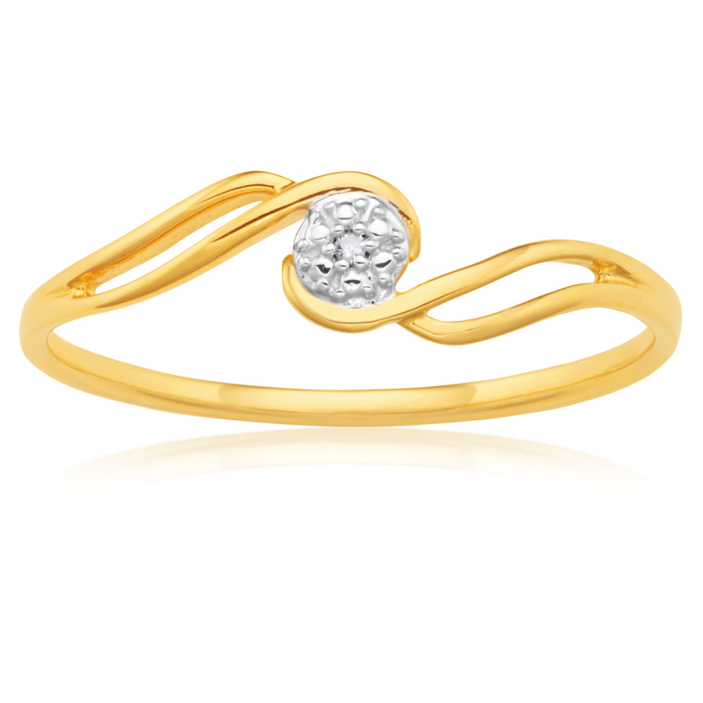 Stylish 9ct Yellow Gold Diamond Ring with Swirl Design