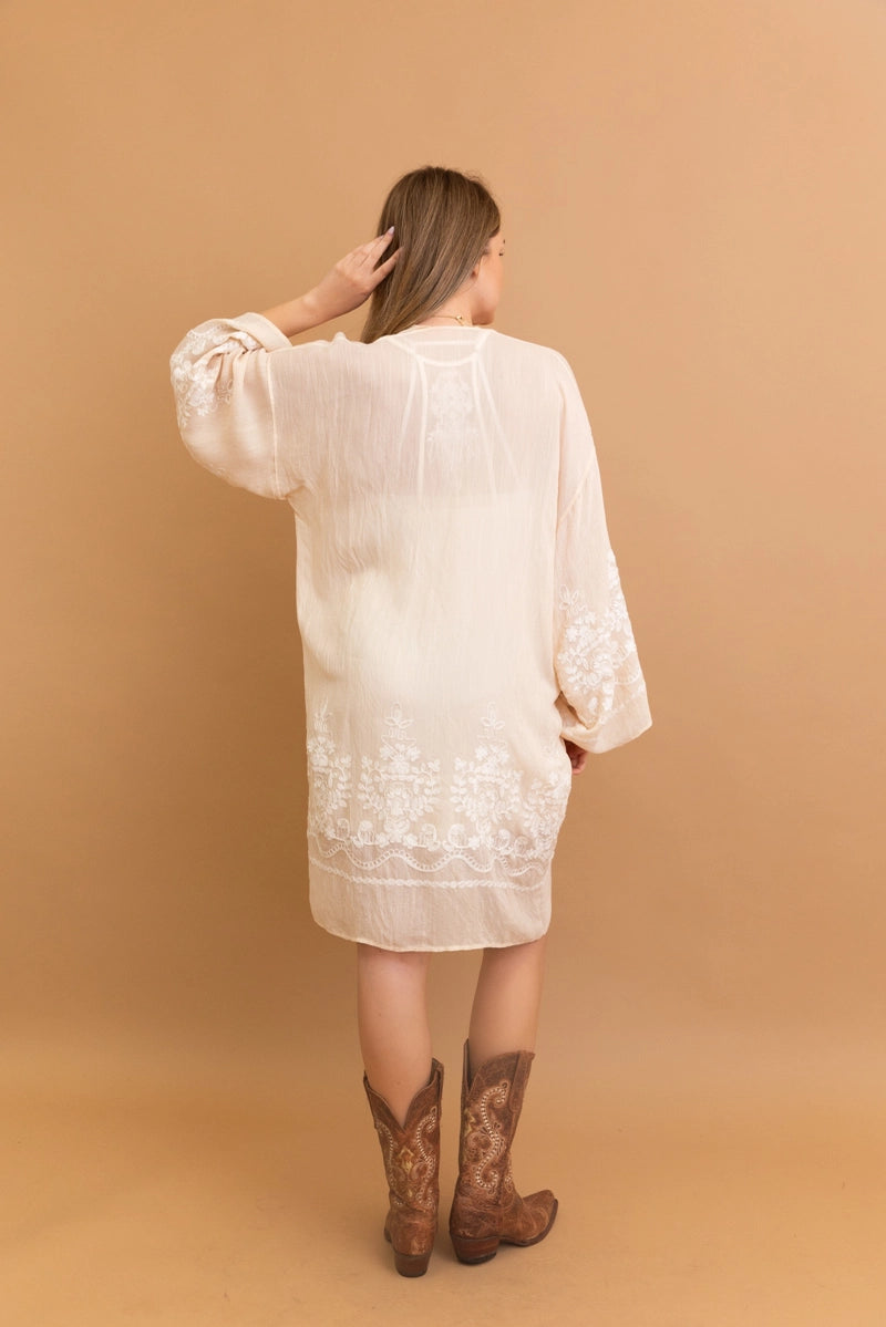 Leto Lightweight Embroidered Floral Vine Kimono with Bell Sleeves