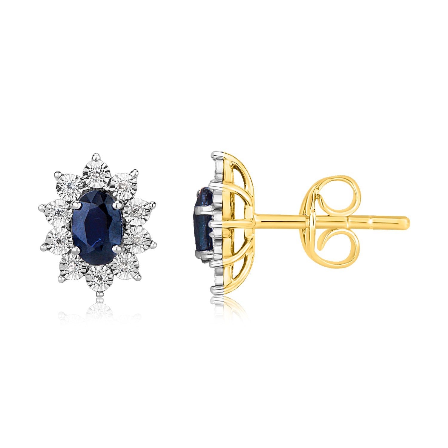 Stunning 9ct Yellow Gold Stud Earrings with Diamonds and Created Pear Sapphires
