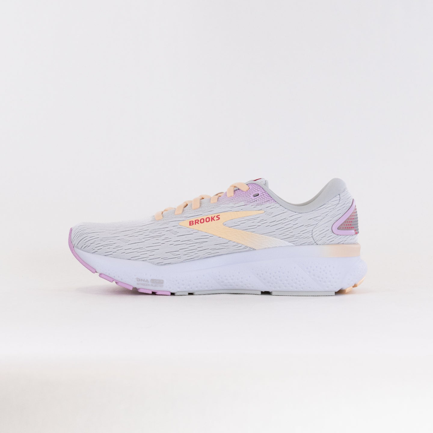 Women's Brooks Ghost 16 Running Shoes in White, Grey, and Orchid Colors