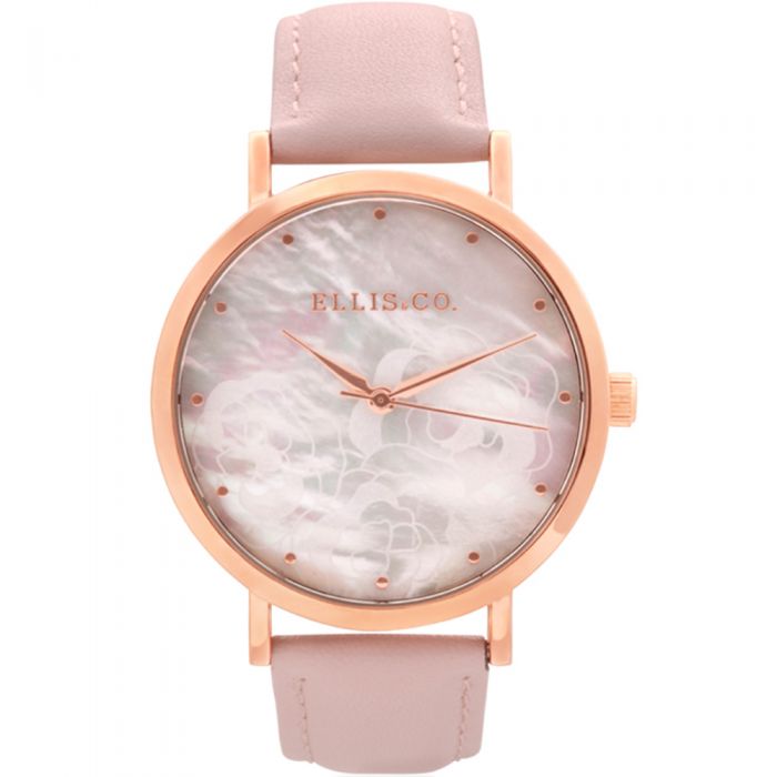 Ellis & Co Pink Leather Band Watch with Holly Mother of Pearl Rose Patterned Dial