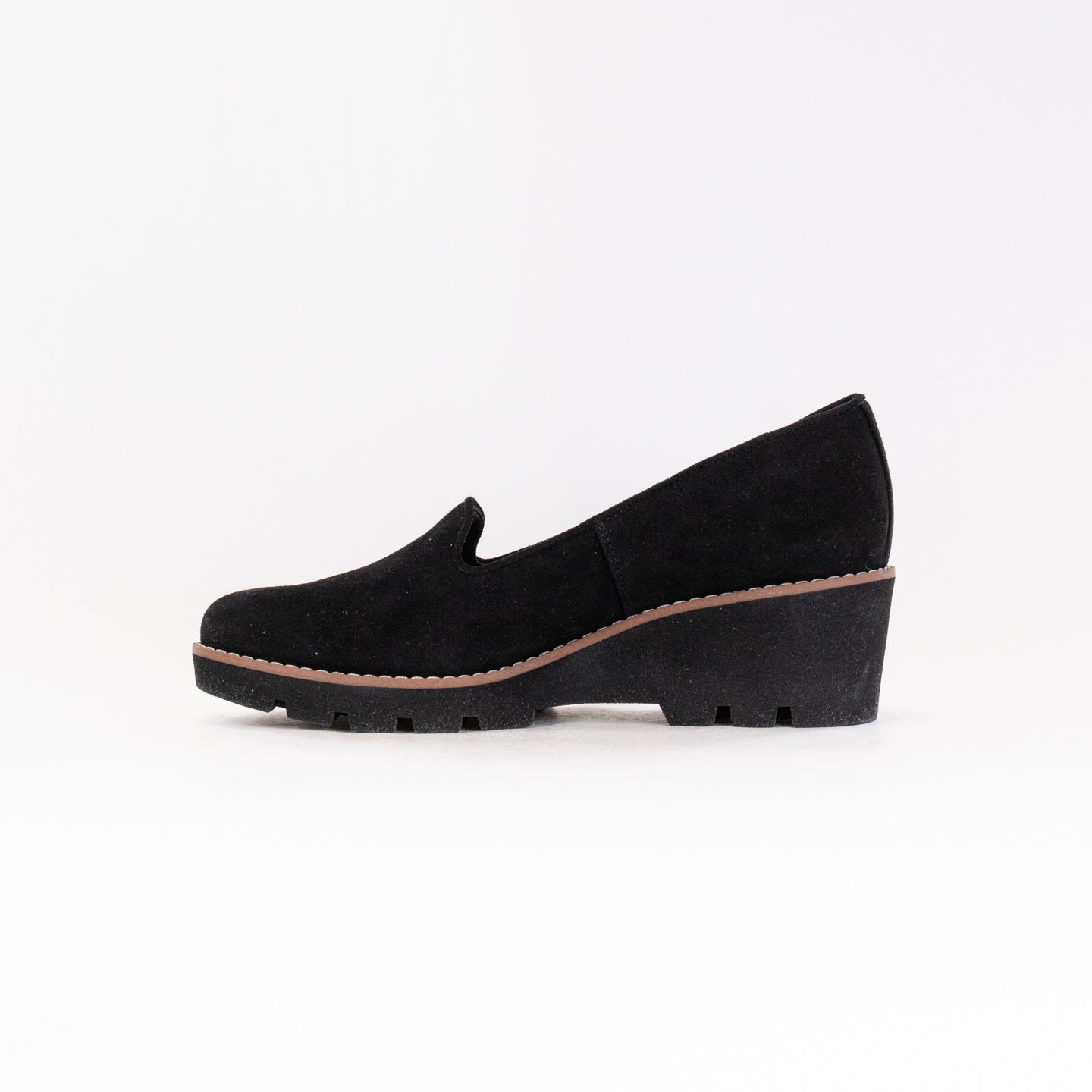 Women's Vionic Willa Black Suede Chunky Lug Wedge Slip-Ons
