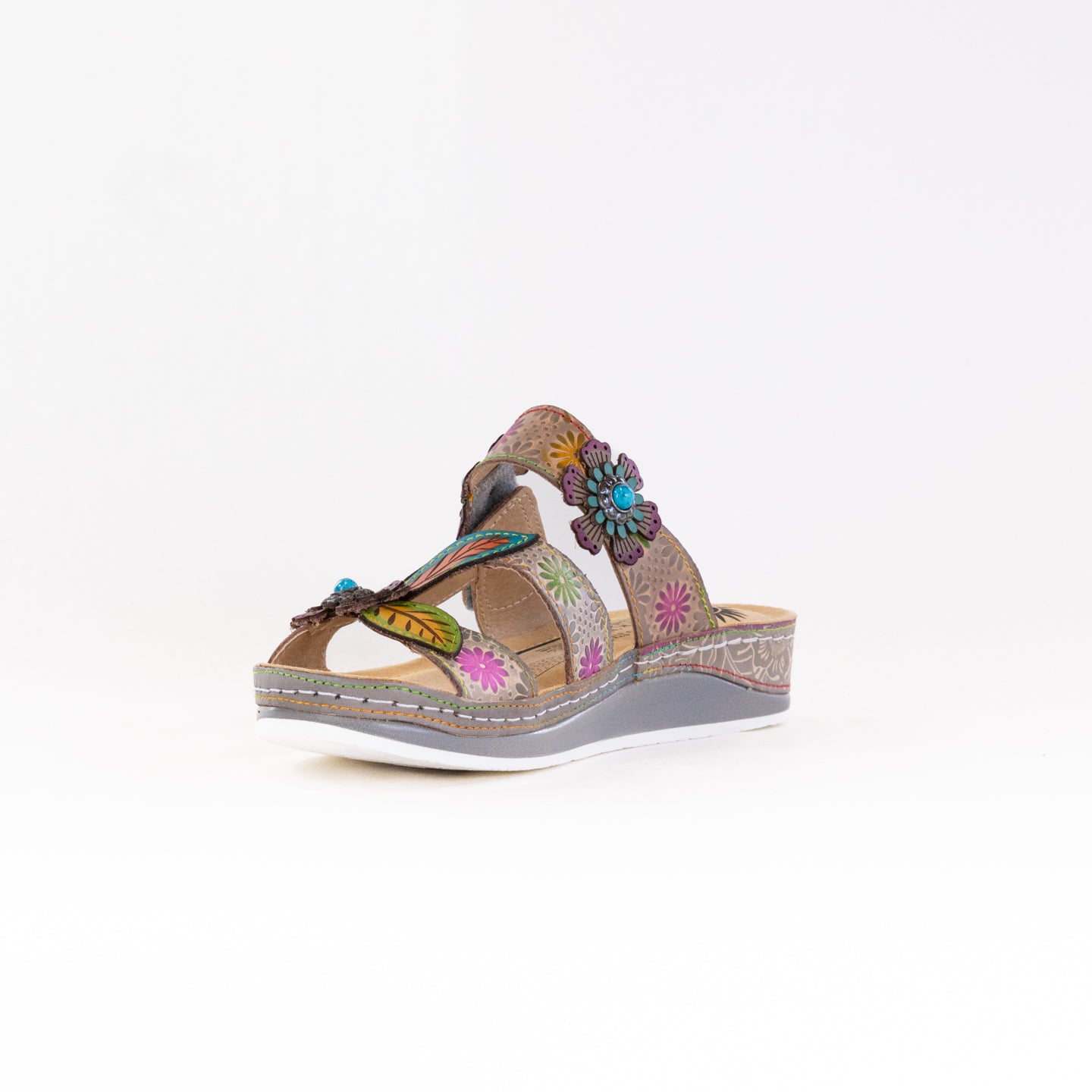 Spring Step L'Artiste Women's Pillow-Soft Grey Multi Color Stylish Hand-Painted Floral Embellished Sandals