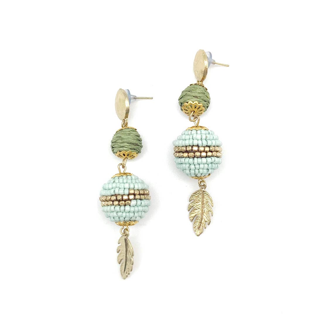 Sachi Calming Sage Beaded Sphere and Leaf Design Earrings