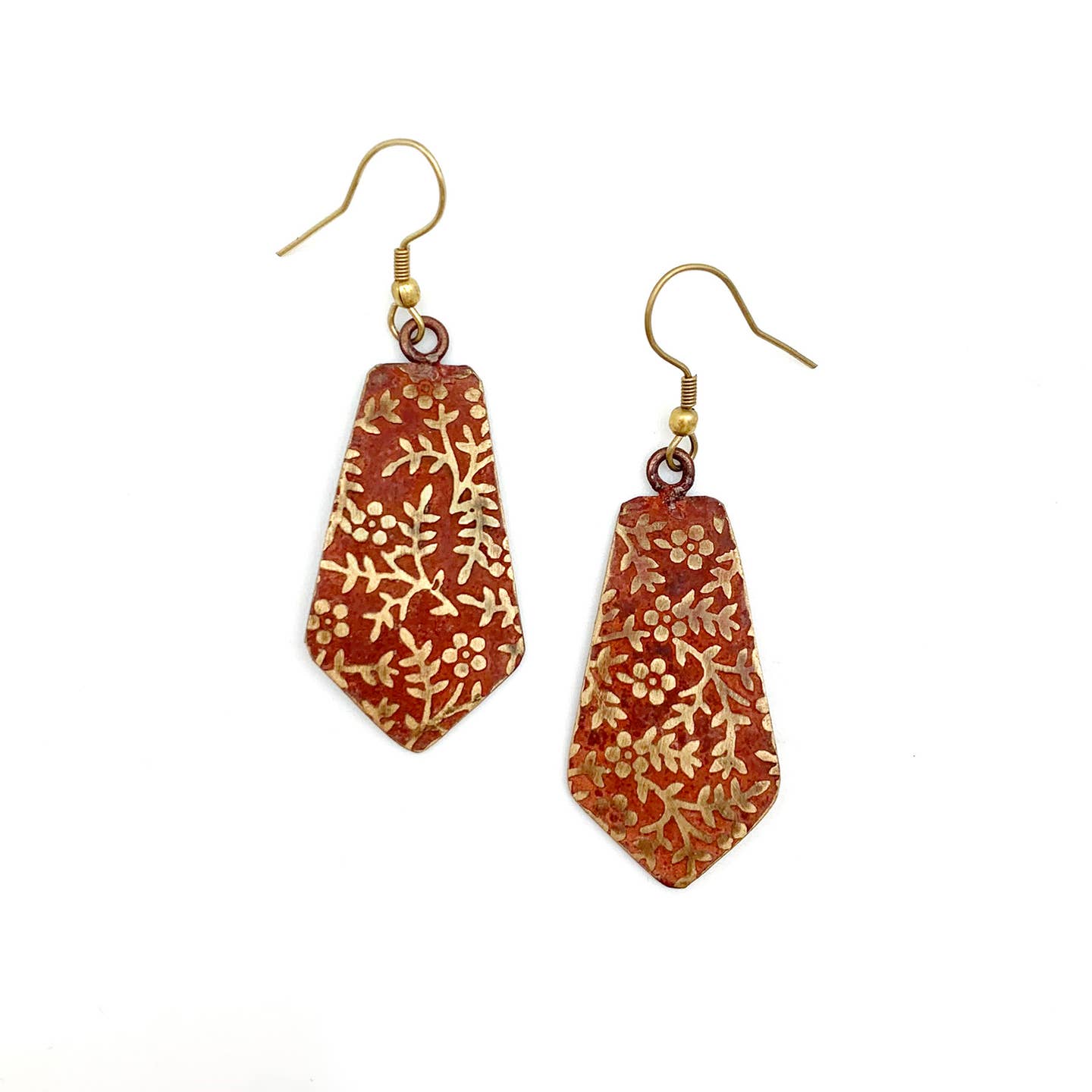 Stylish Red Orange Brass Floral Vines Handmade Patina Earrings for Jewelry Lovers