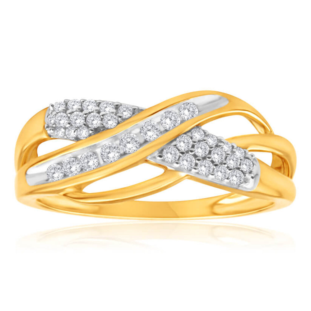 Exquisite 9 Carat Yellow Gold Dress Ring Set Adorned with 35 Sparkling Diamonds