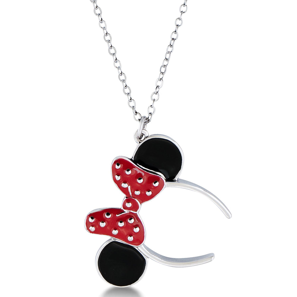 14k White Gold Plated Disney Minnie Red and Black Ears & Bow Chain Pendant