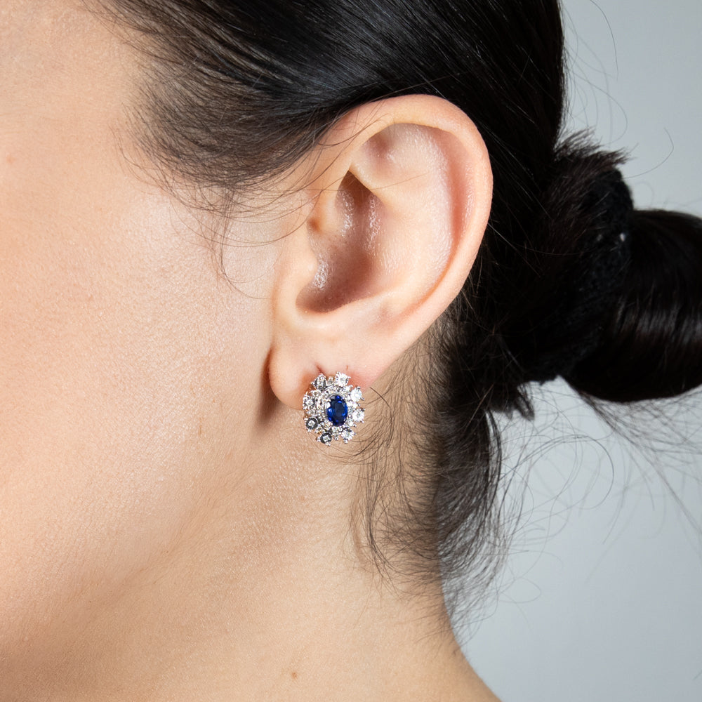 Exquisite 9ct Yellow Gold Earrings Adorned with Diamonds and Lab - Created Sapphires