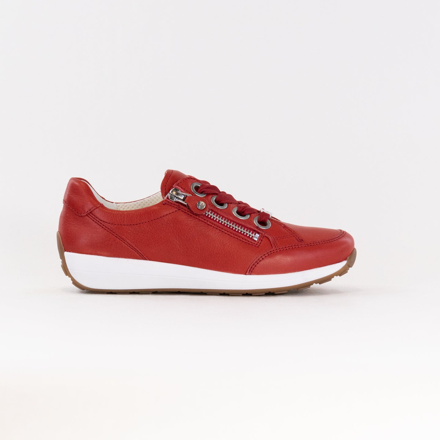 Women's Red Leather Ara Ollie Side-Zip Lace-Up Comfortable Sneakers