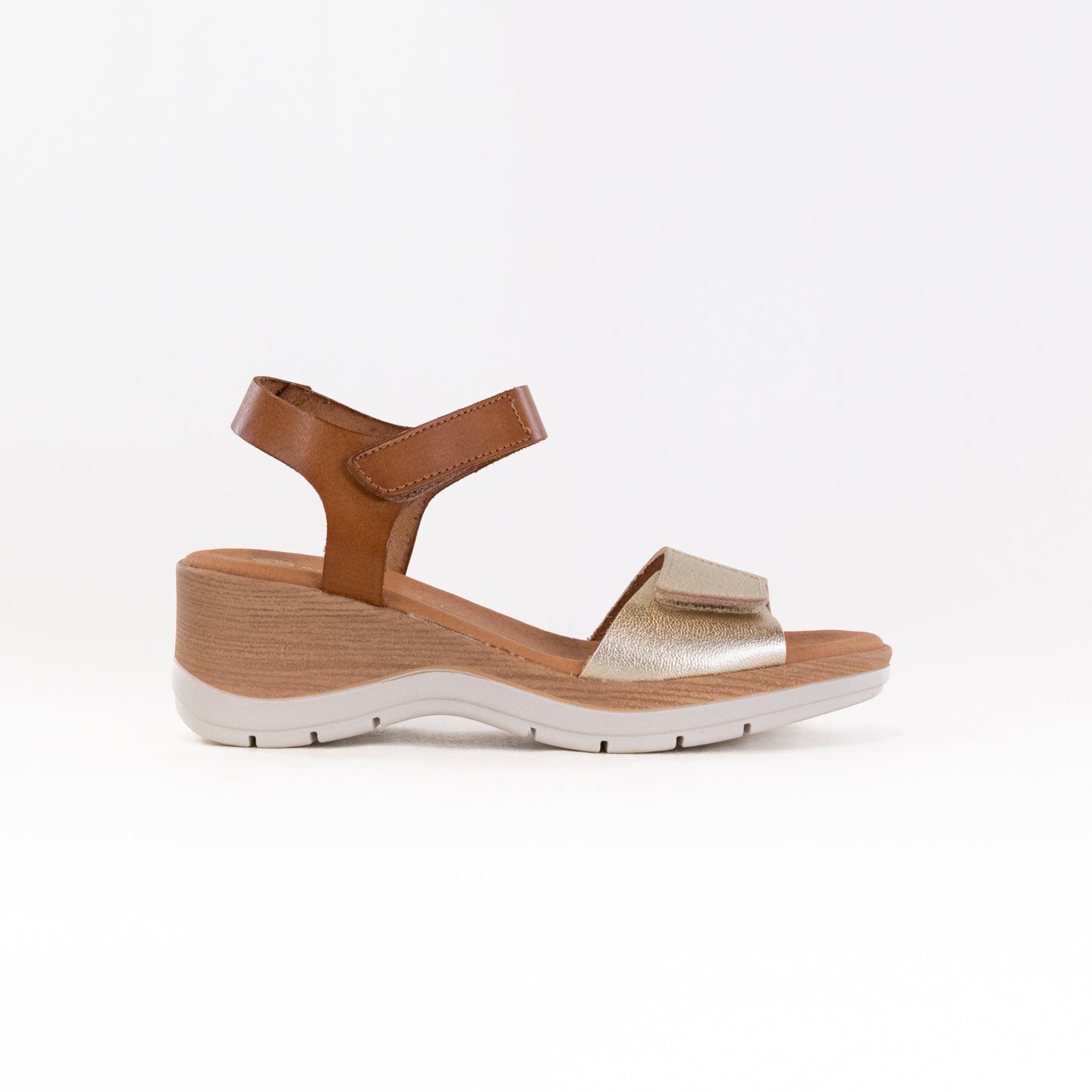 Eric Michael Caroline Women's Ankle-Strap Sandals in Tan and Gold Color Scheme