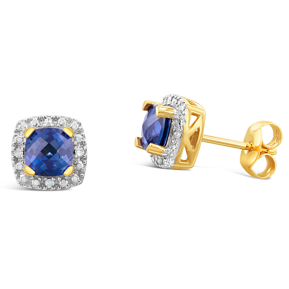Exquisite 9ct Yellow Gold Stud Earrings Featuring Diamonds and Blue Sapphires