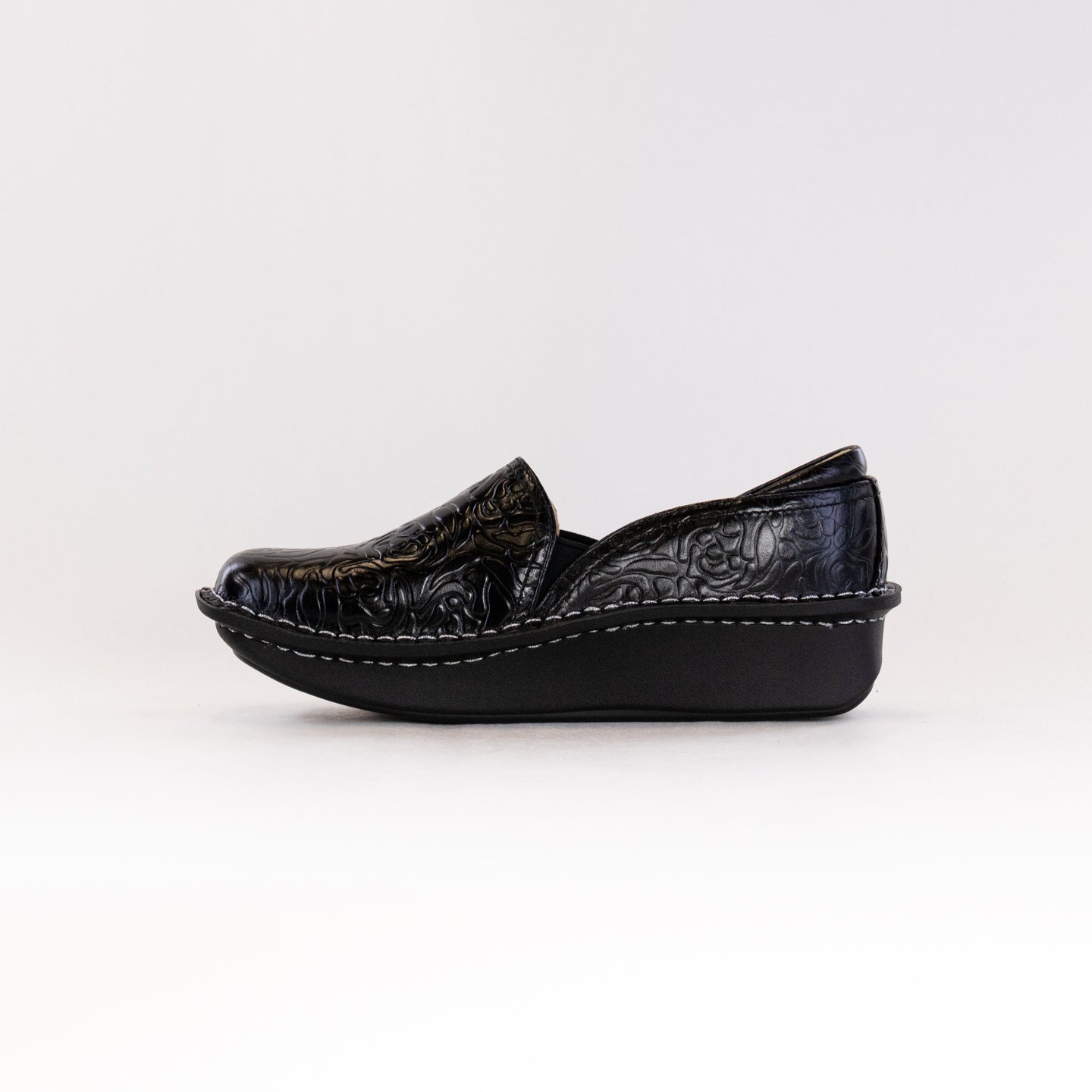 Women's Alegria Debra Shoes in Black with Embossed Rose Design