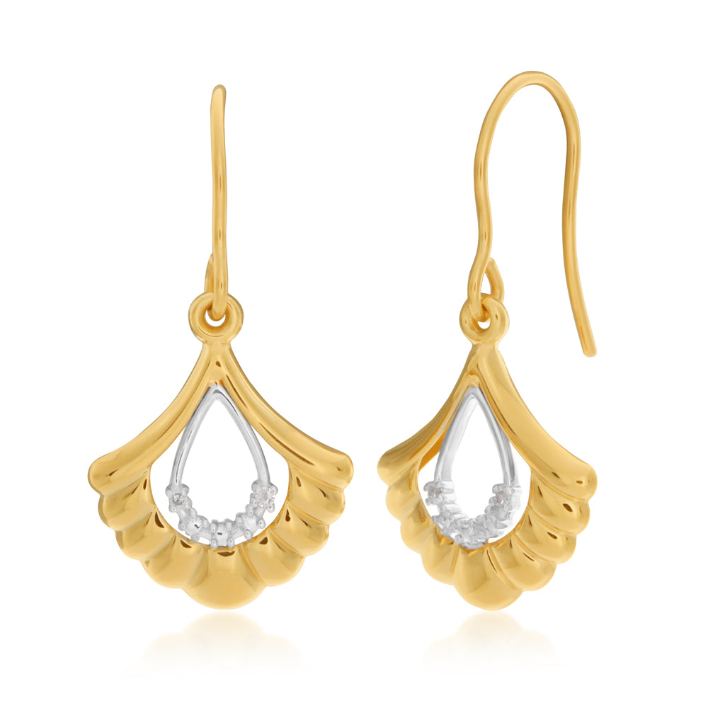 9ct Yellow Gold Fan - Shaped Drop Earrings Set with 4 Sparkling Brilliant - Cut Diamonds