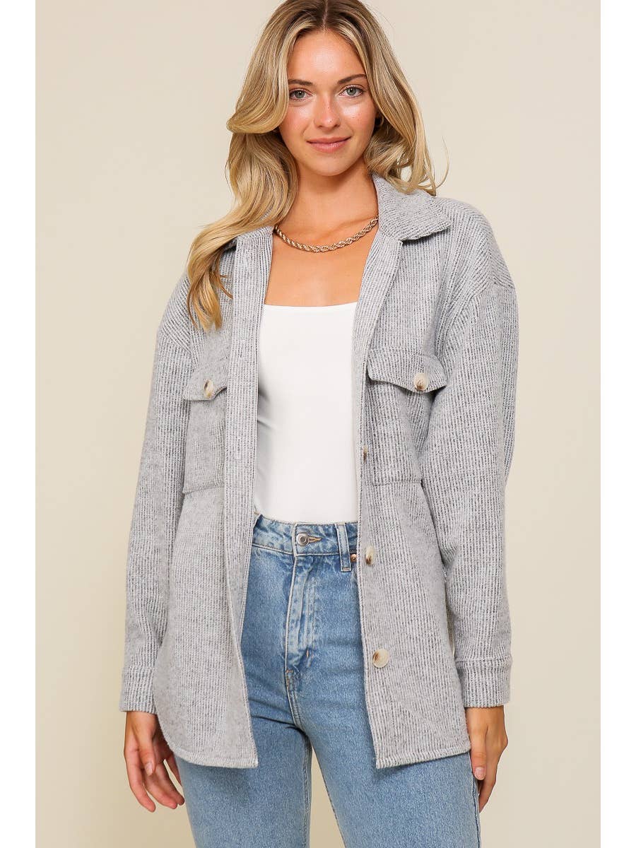 Brushed Waffle Patterned Long - Sleeved Button - Down Shacket Jacket
