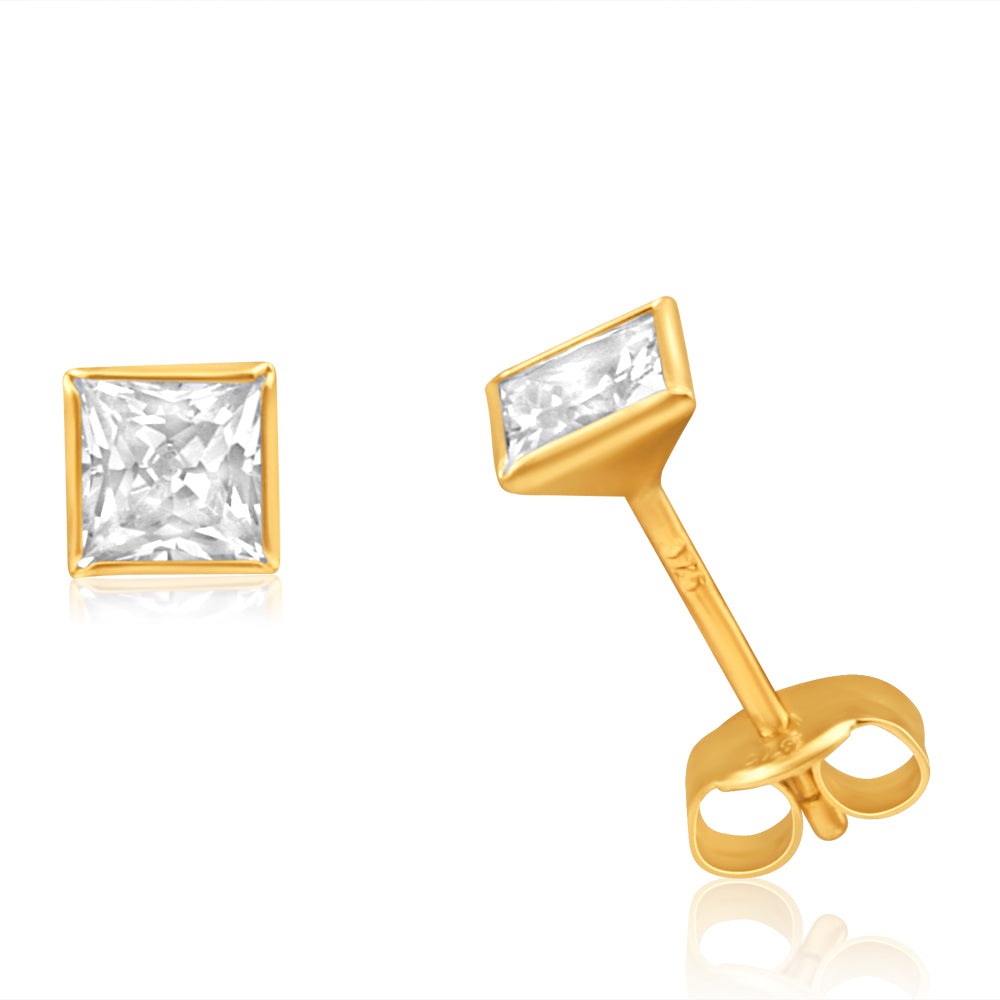 4mm 9ct Yellow Gold Princess Cut Cubic Zirconia Stud Earrings