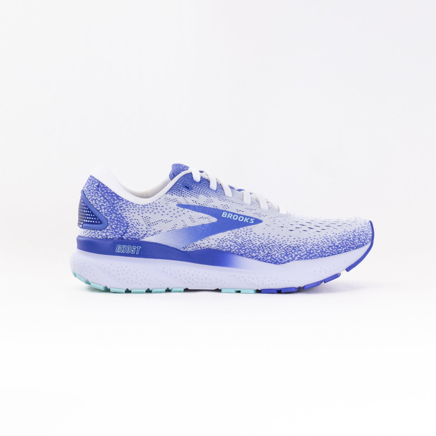 Women's Brooks Ghost 16 Running Shoes in White, Amparo Blue, and Limpet Shell Colors