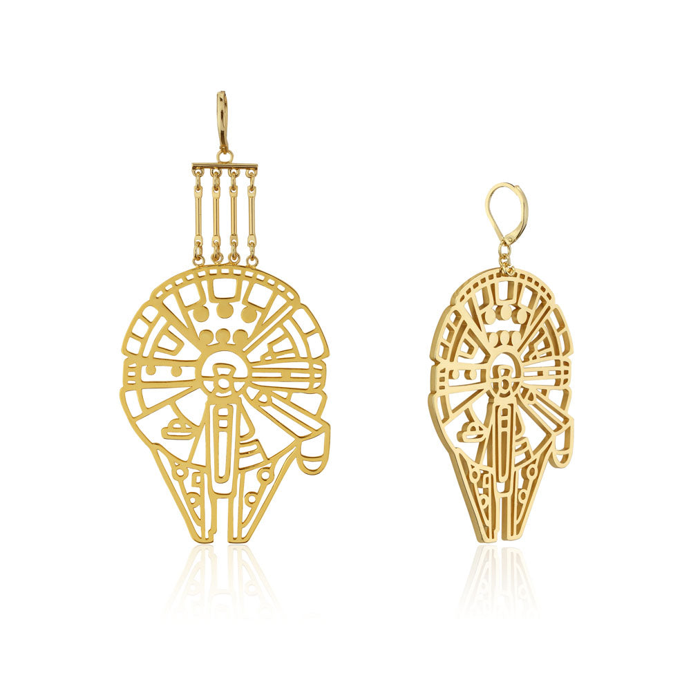 Disney Star Wars Collection: Gold Plated 60mm Drop Earrings Featuring the Iconic Millennium Falcon