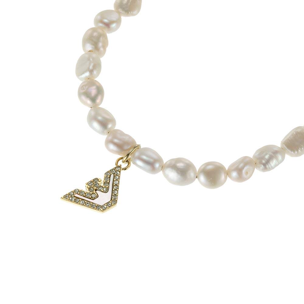Emporio Armani Sentimental Logo Gold Plated Stainless Steel Bracelet with White Beads