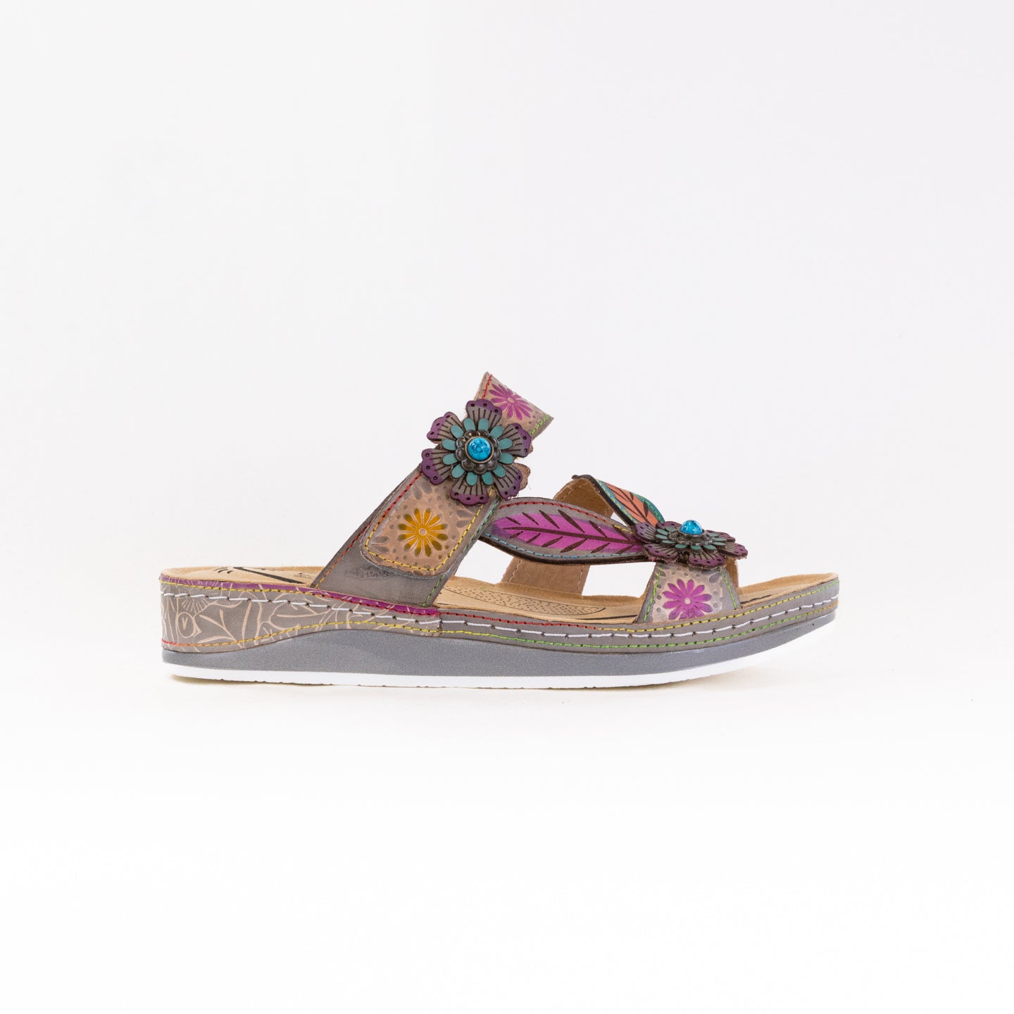 Spring Step L'Artiste Women's Pillow-Soft Grey Multi Color Stylish Hand-Painted Floral Embellished Sandals