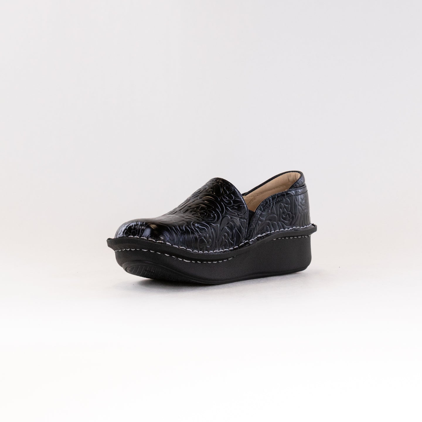 Women's Alegria Debra Shoes in Black with Embossed Rose Design