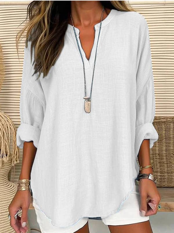 Casual Long Sleeve V Neck Top Crafted from Premium Linen