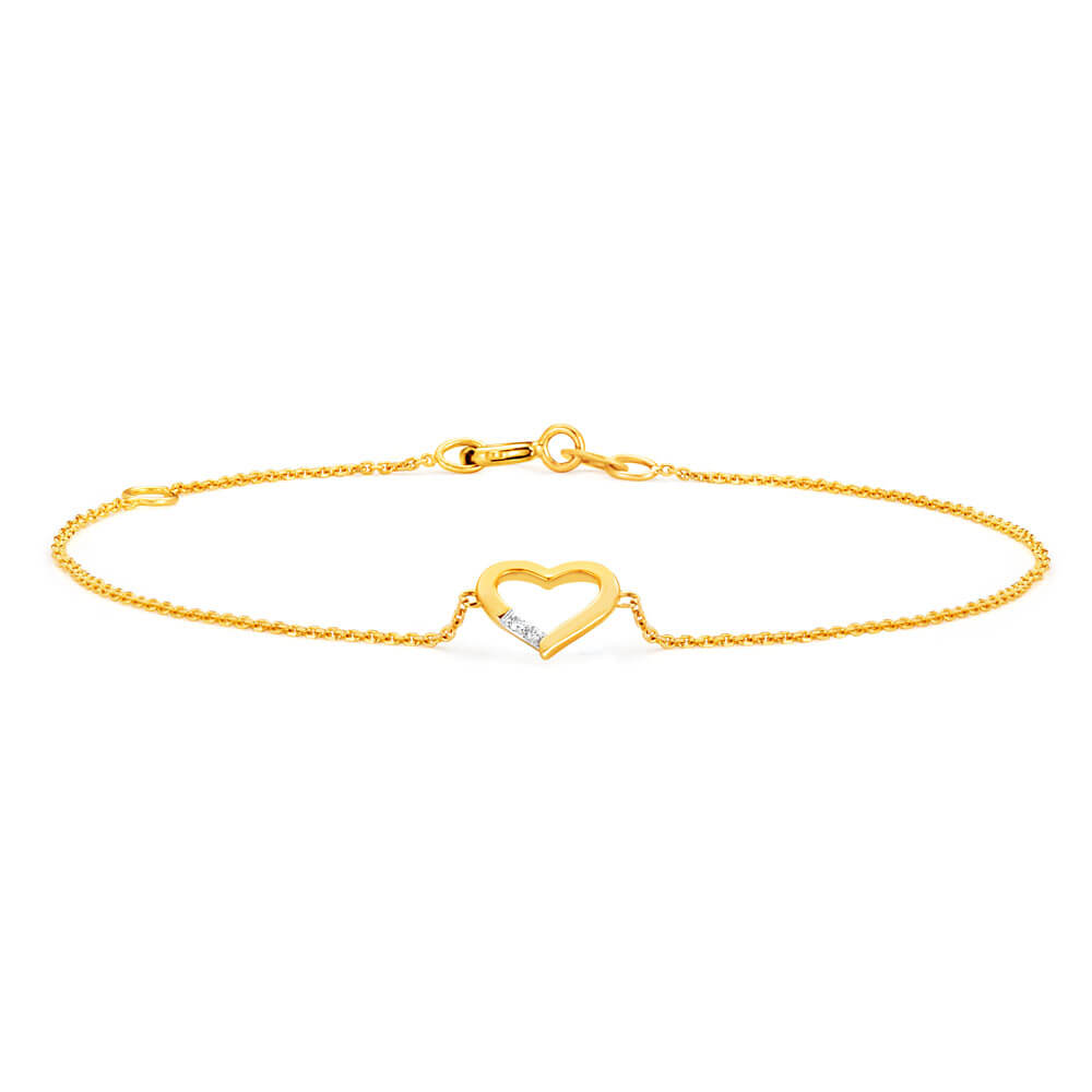 Adjustable 9ct Yellow Gold Diamond-Embellished Heart Bracelet