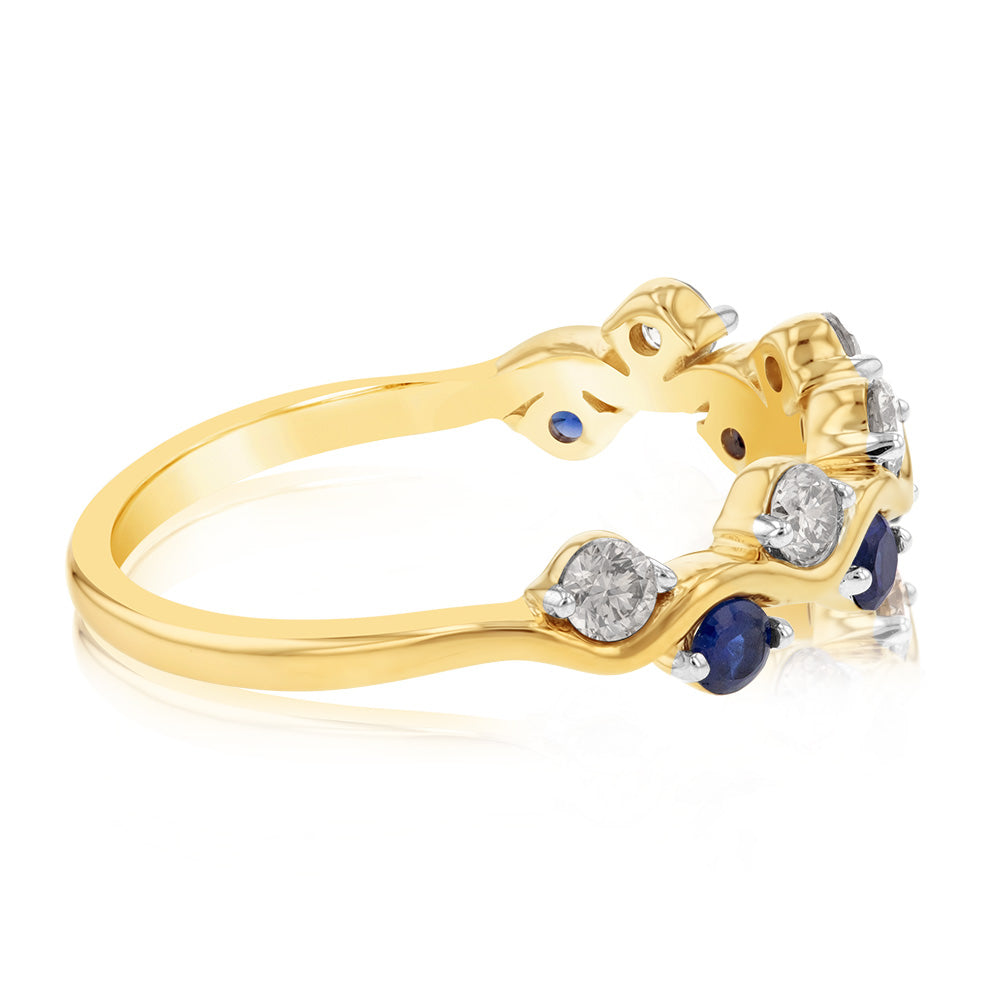Stylish 9ct Yellow Gold Ring with Diamonds and Created Sapphires