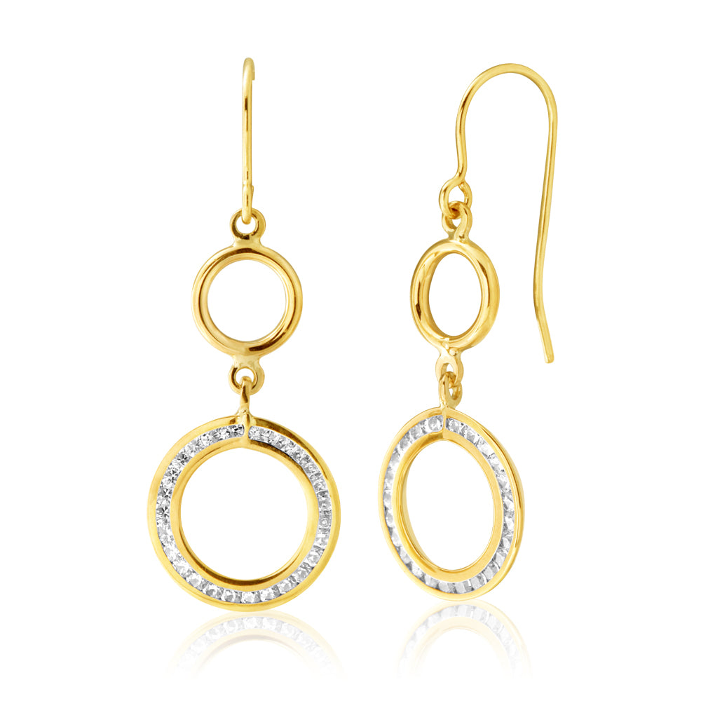 Stylish 9 Carat Yellow Gold Double Ring Drop Earrings with Cubic Zirconia for Special Occasions