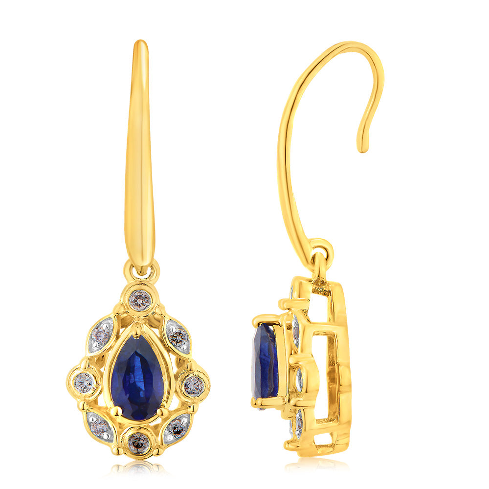 Stunning 9ct Yellow Gold Drop Earrings with Diamonds and Created Sapphires
