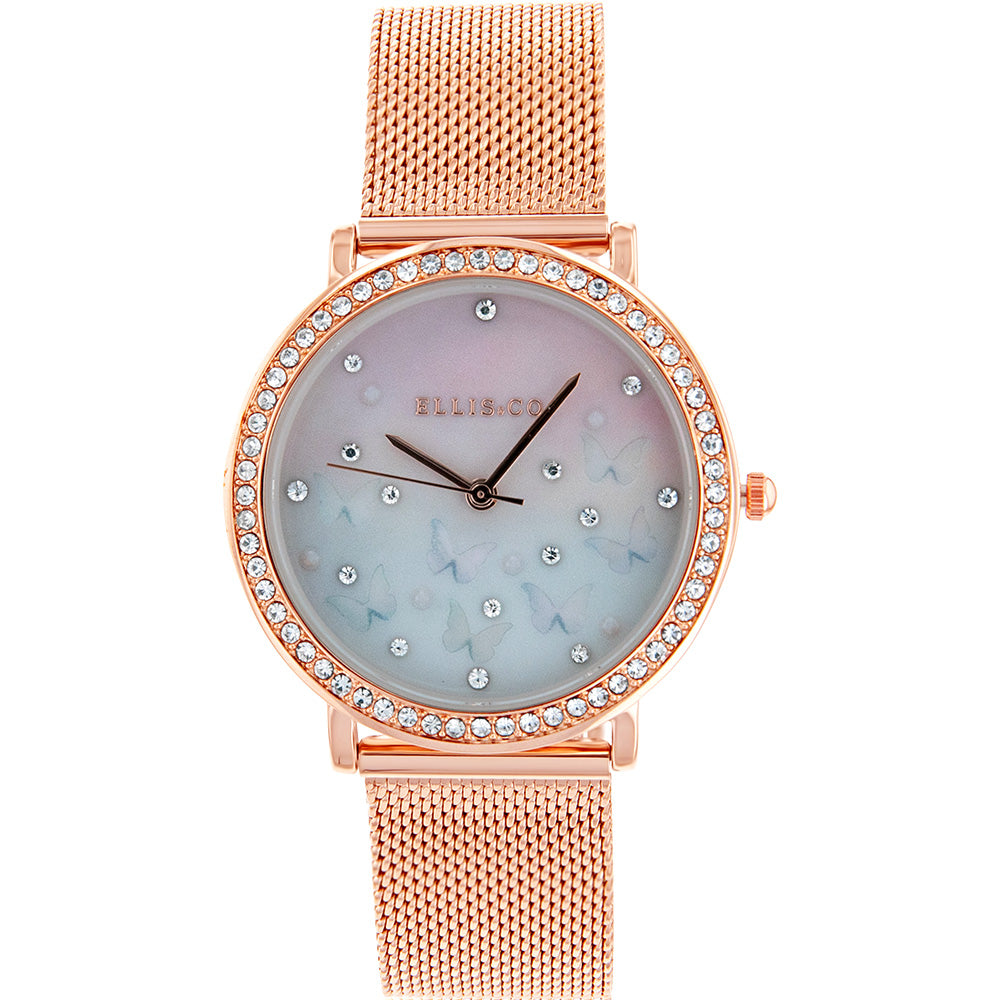 Ellis & Co Elegant 'Sena' Butterfly Dial Rose Stainless Steel Mesh Bracelet Watch