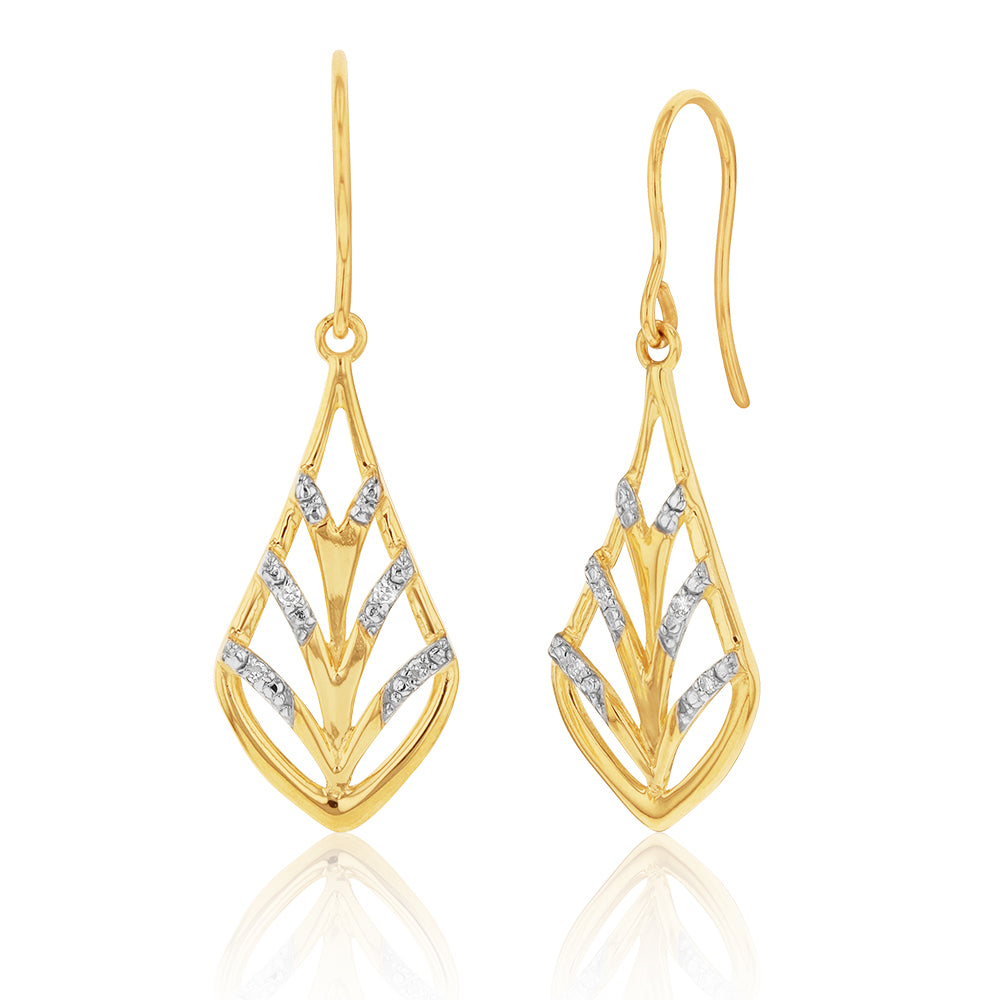 Exquisite 9 Carat Yellow Gold Diamond-Embedded Leaf-Style Earrings