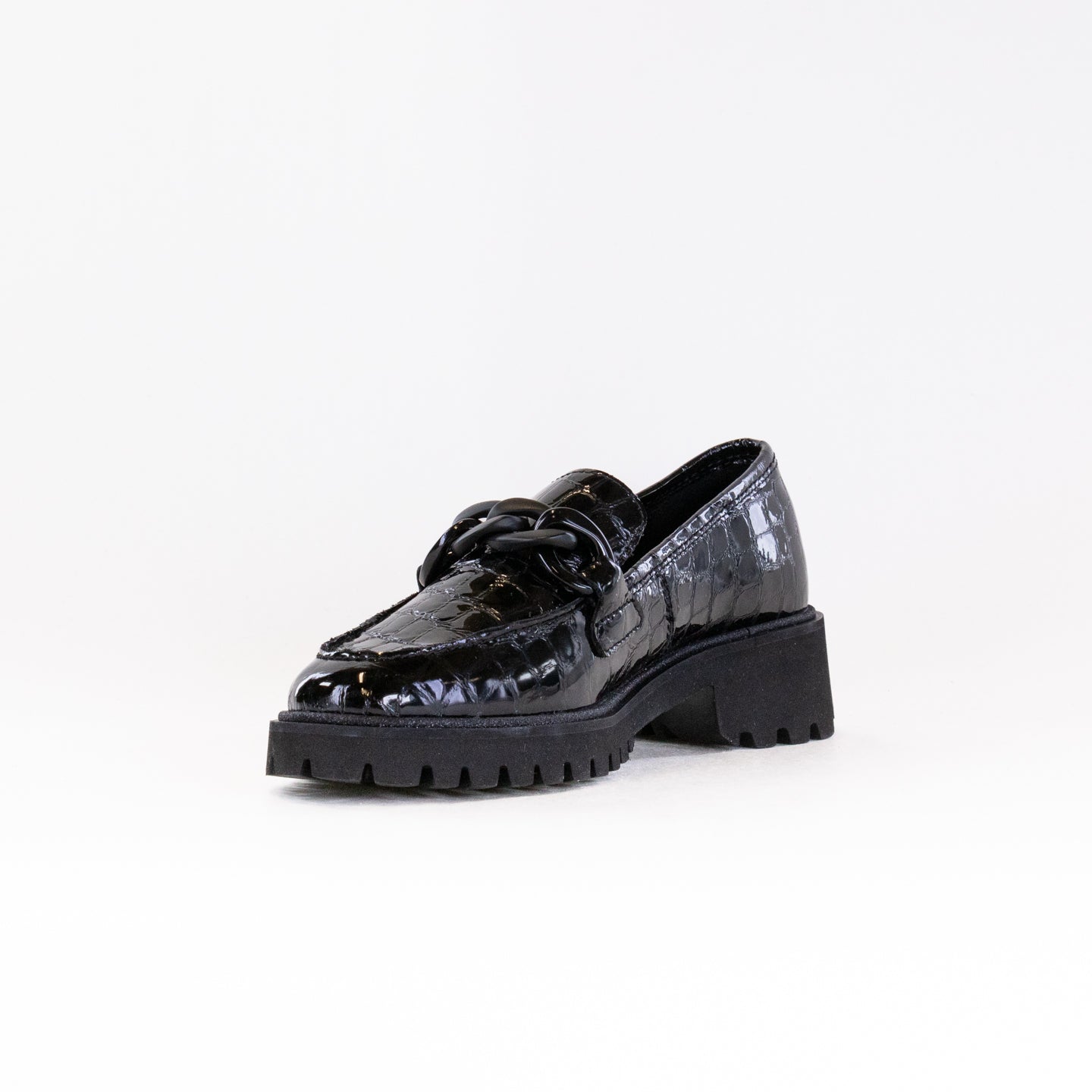 Stylish Women's Black Crocodile Print Ara Kiana Chunky Sole Chain Loafers