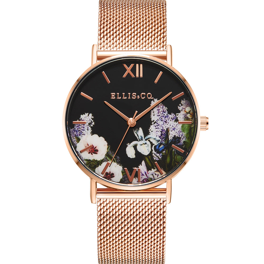 Ellis & Co Women's Rose Gold Tone 'Iris' Floral Stainless Steel Mesh Bracelet Watch