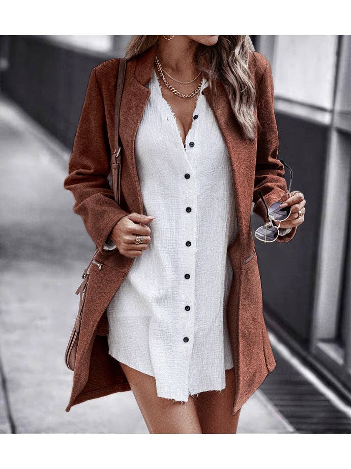 Stylish Open Front Notch Collar Mid-Length Winter Coat