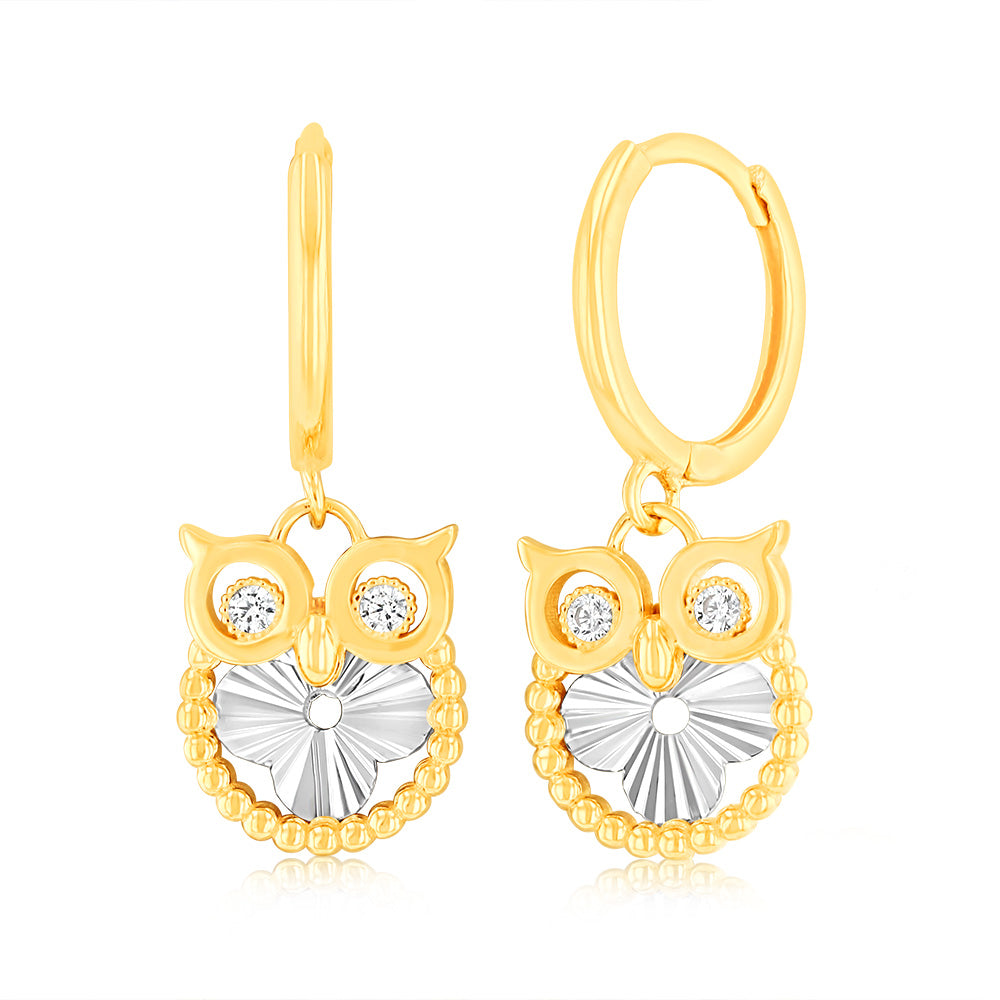 Stylish 9ct Yellow Gold Cubic Zirconia Owl-shaped Hoop Earrings