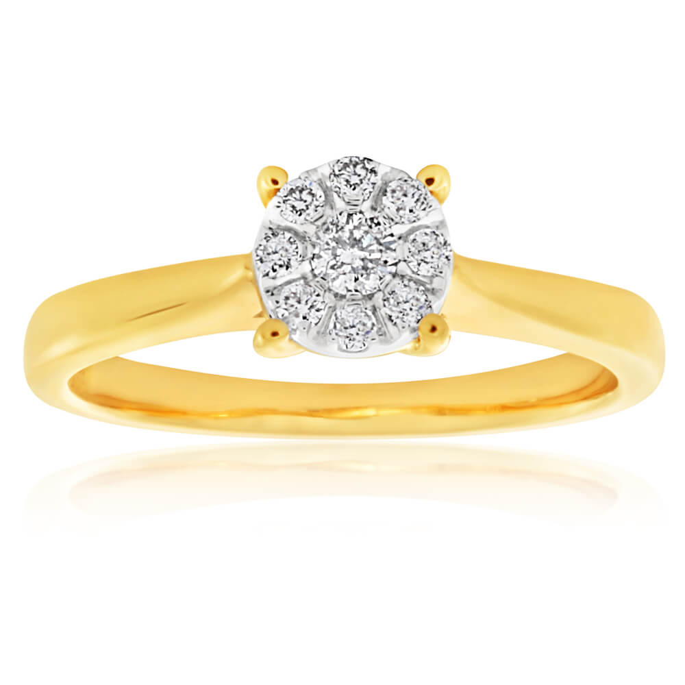 Exquisite 9ct Yellow Gold Diamond Ring Set Featuring Nine Breathtaking Diamonds for Elegant Jewelry Lovers