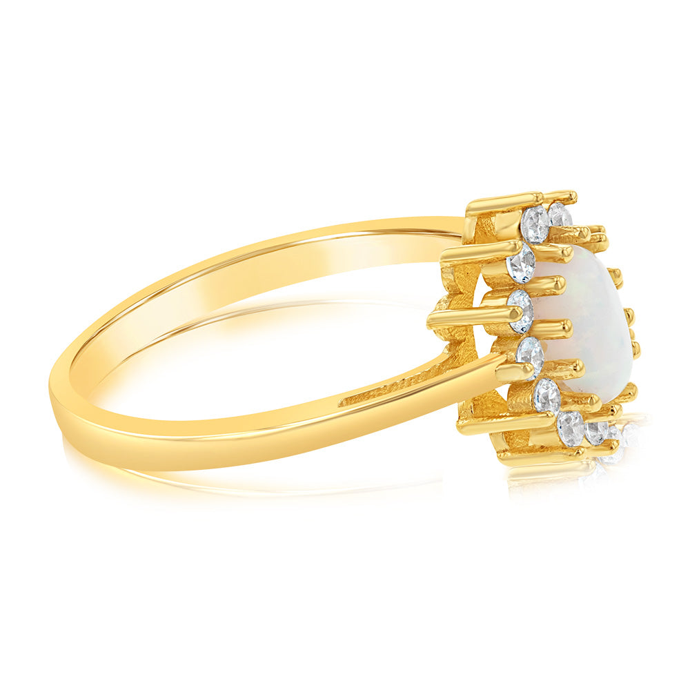 Stunning 9ct Yellow Gold Oval Flower Ring with Cubic Zirconia and Created Opal Gemstones