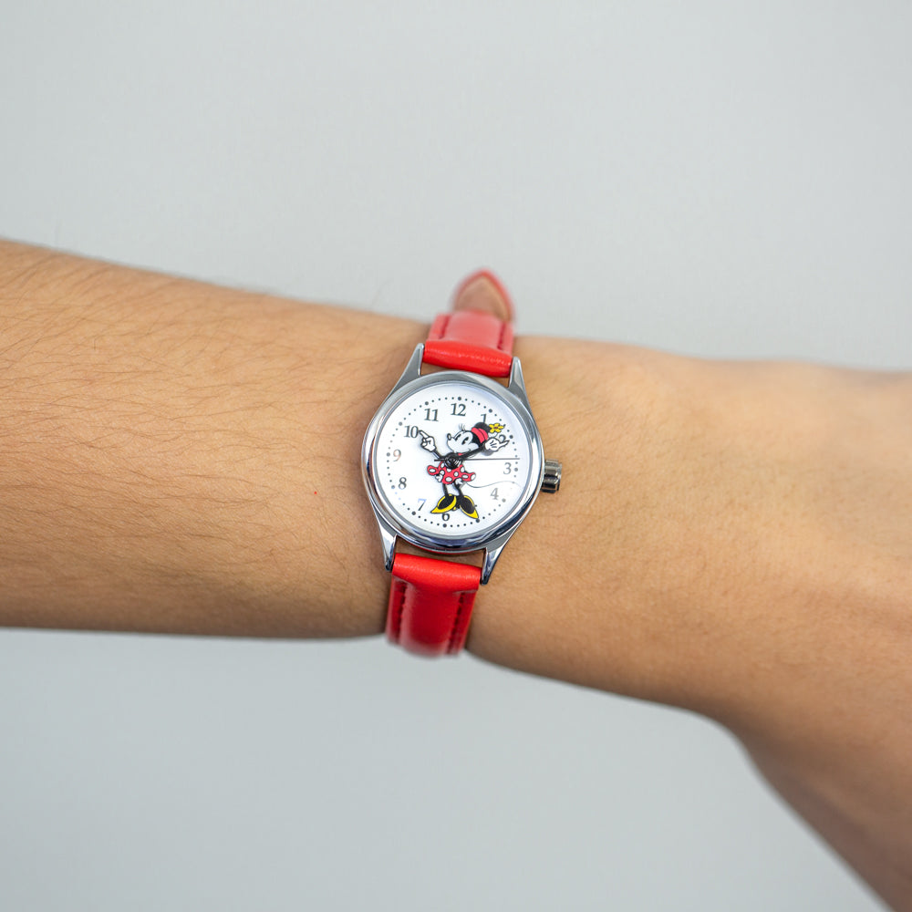 Official Disney TA56700 Petite Minnie Mouse Design Red Leather Strap Wristwatch for Everyday Wear