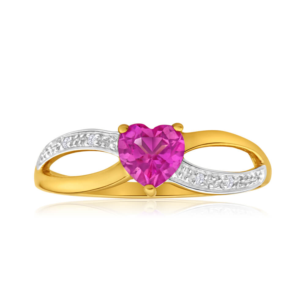 Stunning 9 Carat Yellow Gold Ring with Sparkling Diamonds and Lab - Created Pink Sapphire