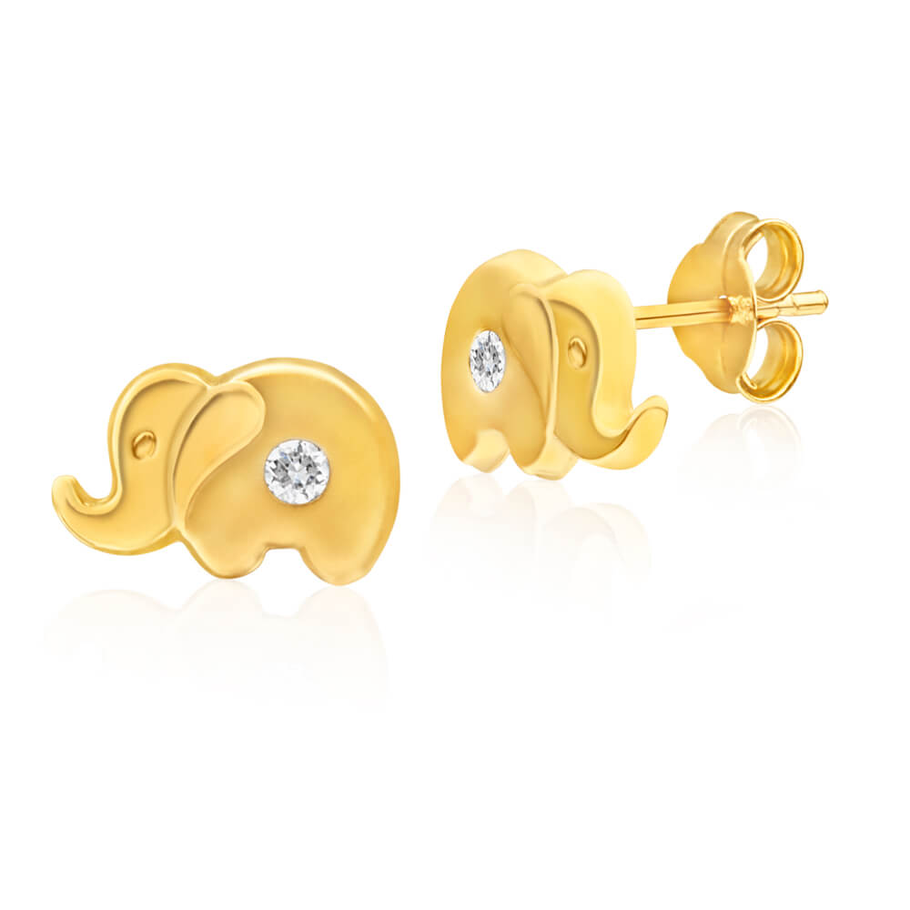 9ct Yellow Gold Fashionable Cubic Zirconia Elephant Design Stud Earrings for Women